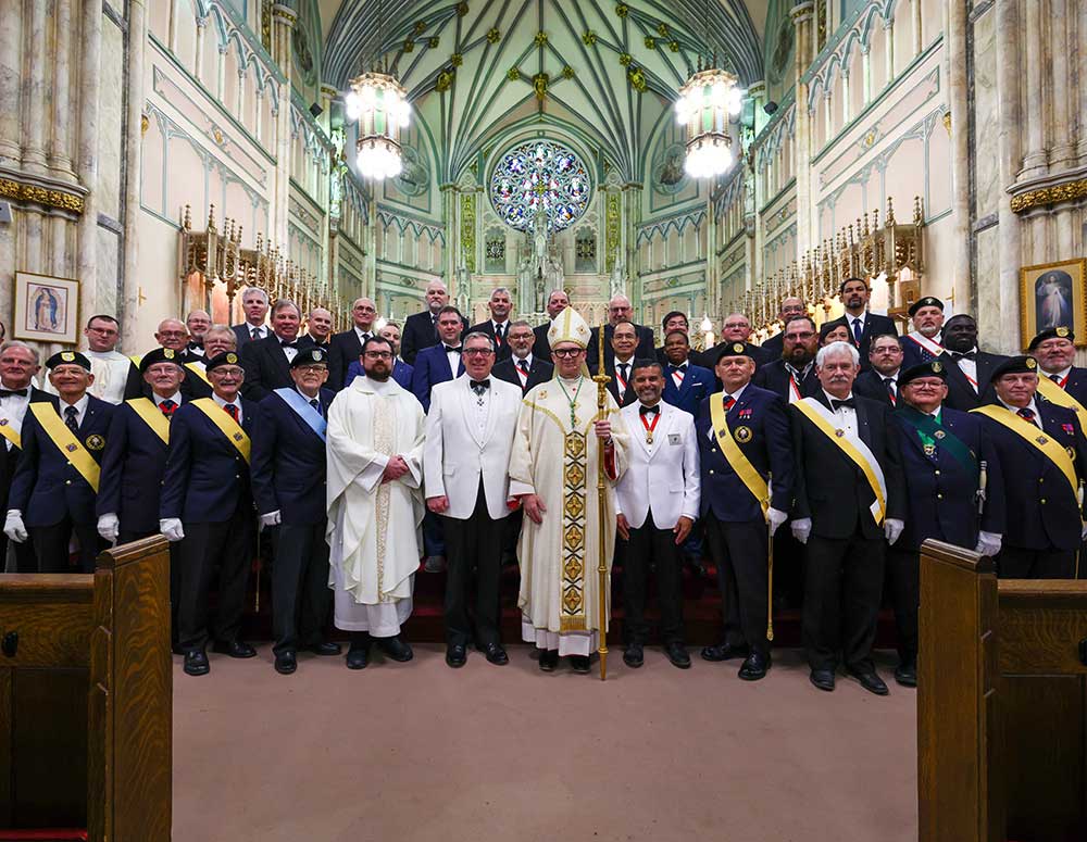 Bishop Joseph Dabrowski of Charlottetown (center) joins Fourth Degree Knights of the Most Rev. Francis C. Kelly Province following a Mass in St. Dunstan&rsquo;s Basilica in Charlottetown, Prince Edward Island, on April 26. Pictured to his right are Supreme Master Michael McCusker and State Chaplain Father Andrew Handrahan; to his left is State Deputy Savio Dias.