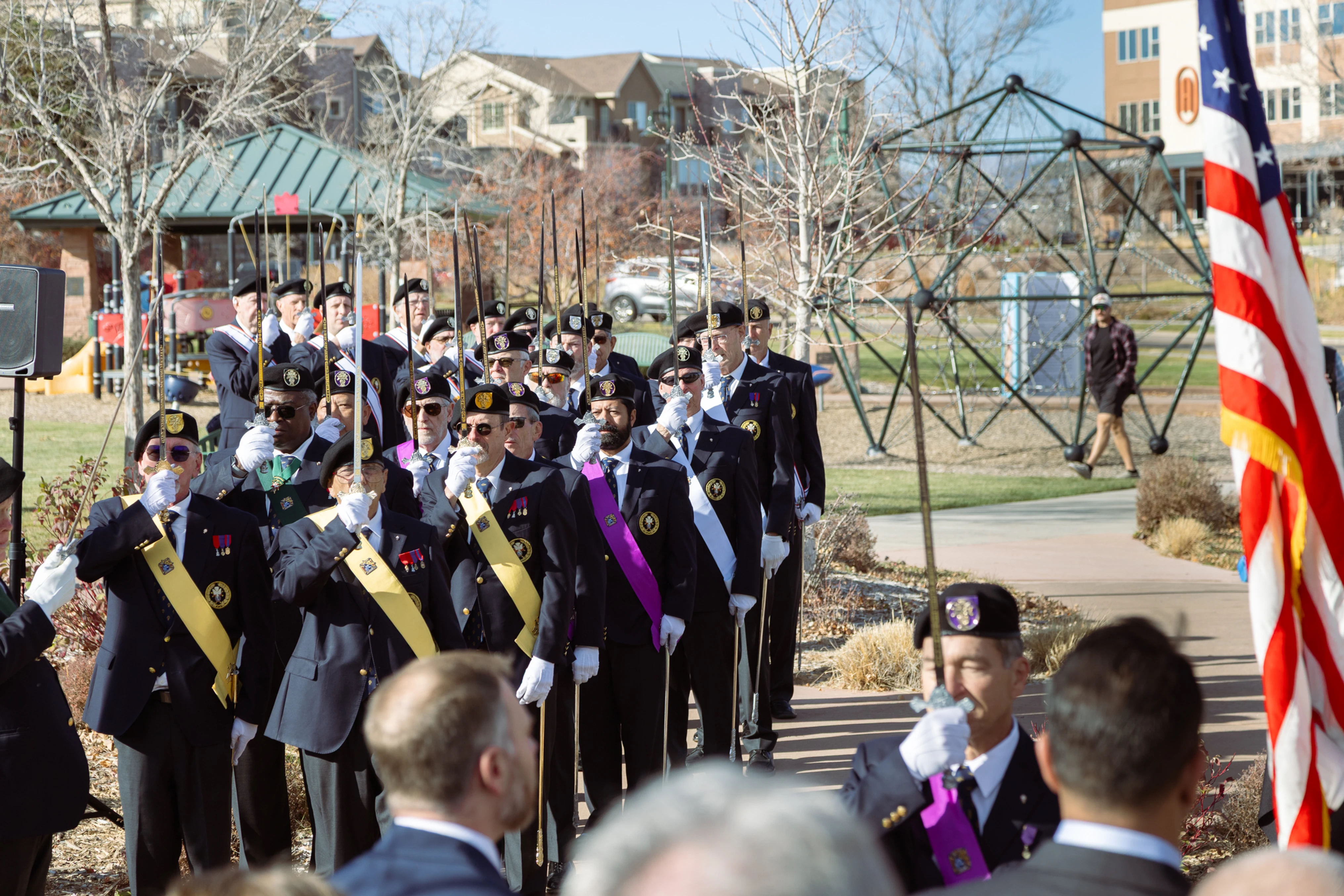 Fourth Degree Knights from assemblies across Colorado present an honor guard at the unveiling of a memorial to Kendrick Castillo in Highlands Ranch. (Photo by Neil McDonough / Denver Catholic)