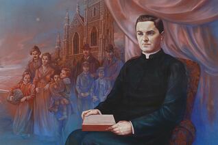A painting by Italian artist Antonella Cappuccio depicts Blessed Michael McGivney, founder of the Knights of Columbus. In the background are 19th-century Irish immigrants outside St. Mary's Church in New Haven, Conn.