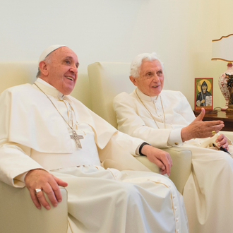 Pope Francis visits Pope Emeritus Benedict XVI at the Vatican’s Mater Ecclesiae Monastery on June 30, 2015. (CNS photo/L’Osservatore Romano)