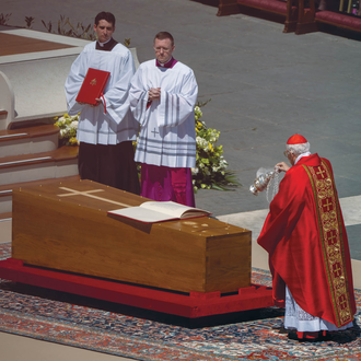 Cardinal Giovanni Battista Re incenses the coffin of Pope Francis 