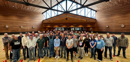Knights from St. Elizabeth Ann Seton Council 10678 in Crystal Lake, Ill., assemble with other volunteers after a work day at St. Elizabeth Ann Seton Catholic Church.