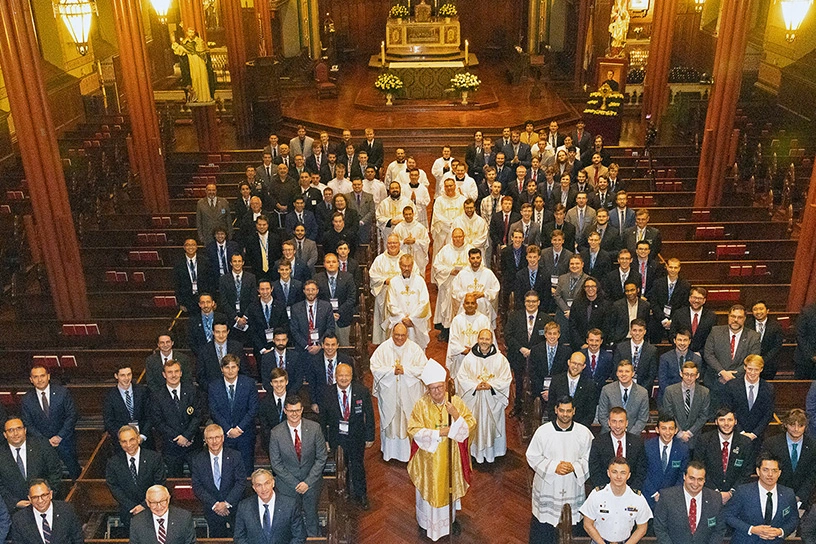 Cardinal Timothy Dolan, archbishop of New York, is pictured with Supreme Officers, Supreme Council staff and college Knights after celebrating the opening Mass of the College Councils Conference on Friday, Sept. 30.