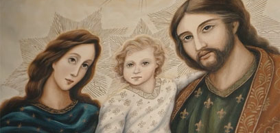 A photo taken from below of a painting of the Holy Family, Jesus, Mary and Joseph.