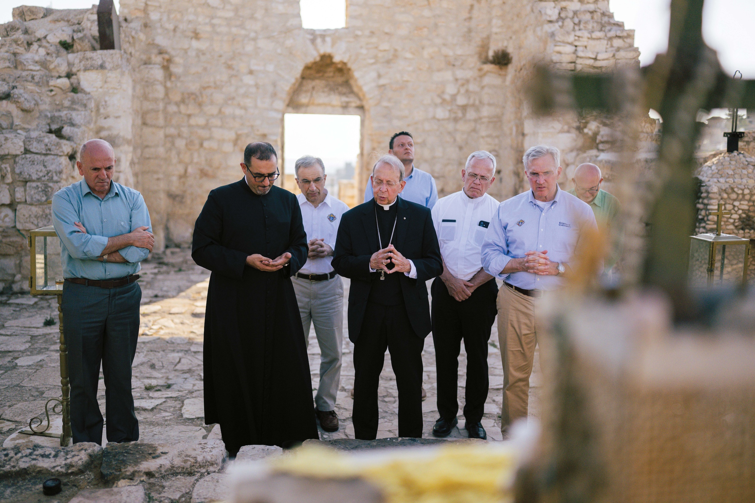 Archbishop Lori leads the delegation in prayer at St. George Greek Orthodox Church in the village of Taybeh, West Bank.