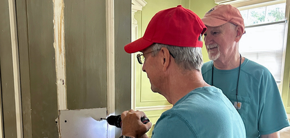Past Grand Knight Gordo Genovese (left) of St. Isidore the Farmer Council 13860 in Orange, Va., repairs damage caused by a plumbing leak at the Paul Steffan Regional Home, a maternity home in Locust Grove. Each month, Knights organize a service day to assist with repairs at the home. The council also gave $1,000 to the home through the ASAP (Aid and Support After Pregnancy) program, with an additional $200 from the Supreme Council.