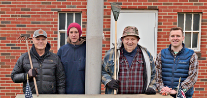 Knights from Kingston (N.Y.) Council 275 gather behind the Knights of Columbus Memorial during a council service day at St. Mary’s Cemetery. Council members took care of landscaping, including weeding, adding mulch and planting flowers. The memorial is dedicated to all members of Council 275 who have died since it was chartered in 1897. The cleanup is organized each spring, with light maintenance provided year-round.