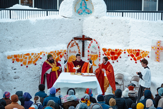 An ice Mass is celebrated in the Ice Chapel of Our Lady of the Snows at Michigan Technological University in Houghton, Michigan.