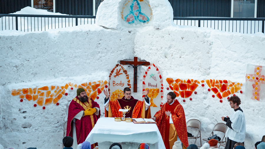 An ice Mass is celebrated in the Ice Chapel of Our Lady of the Snows at Michigan Technological University in Houghton, Michigan.