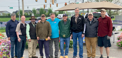 Knights from Father M. Joseph McDonnell Council 11044 in Carmel, Ind., assemble during the council’s annual flower sale at Our Lady of Mt. Carmel Parish.