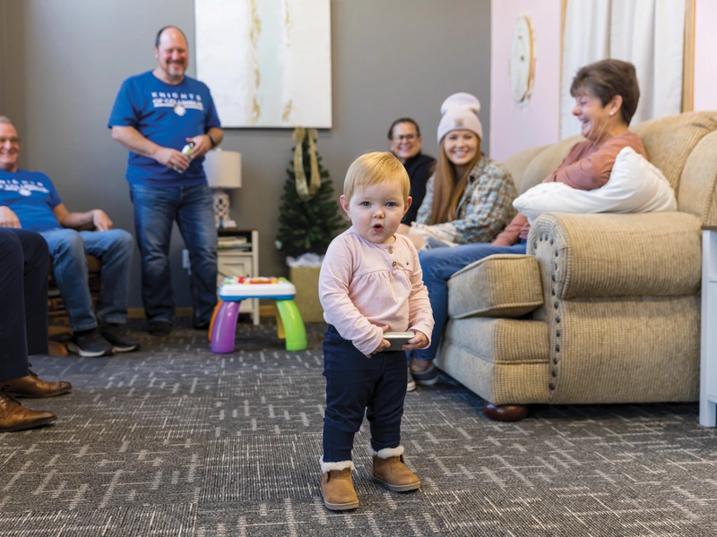 One-year-old Wrenlee pauses for a photo in the lobby of New Creation Pregnancy Resource Center
