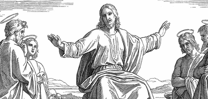 A black and white drawing of Jesus holding his hands out and talking to followers outside.