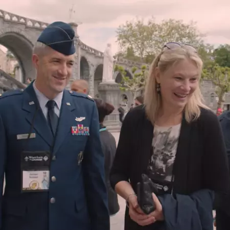 Jordan and Charna Seibert meet fellow Warriors to Lourdes pilgrims during the 64th PMI in Lourdes, France. They came seeking a miraculous healing for Charna’s illness.