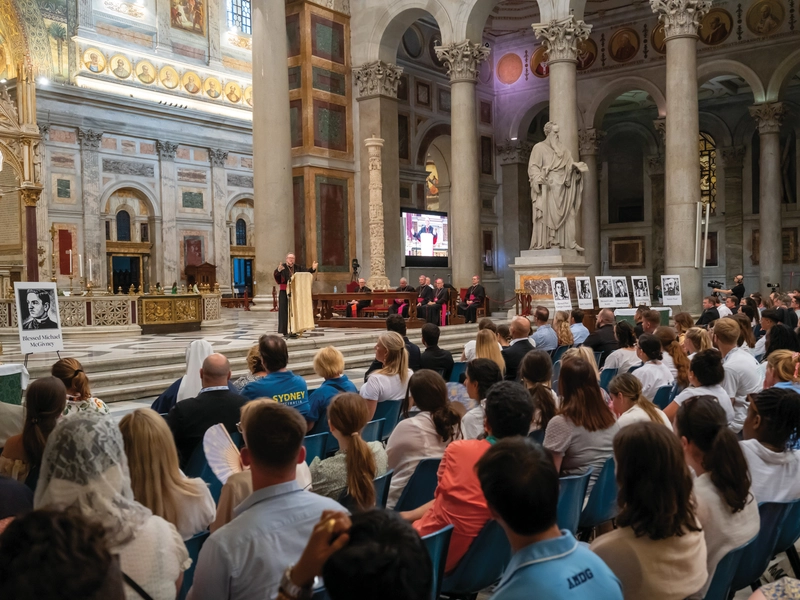 Bishop Robert Barron of Winona-Rochester, Minn., delivers his keynote address during the U.S. pilgrim event at the Basilica of St. Paul Outside the Walls on July 30.