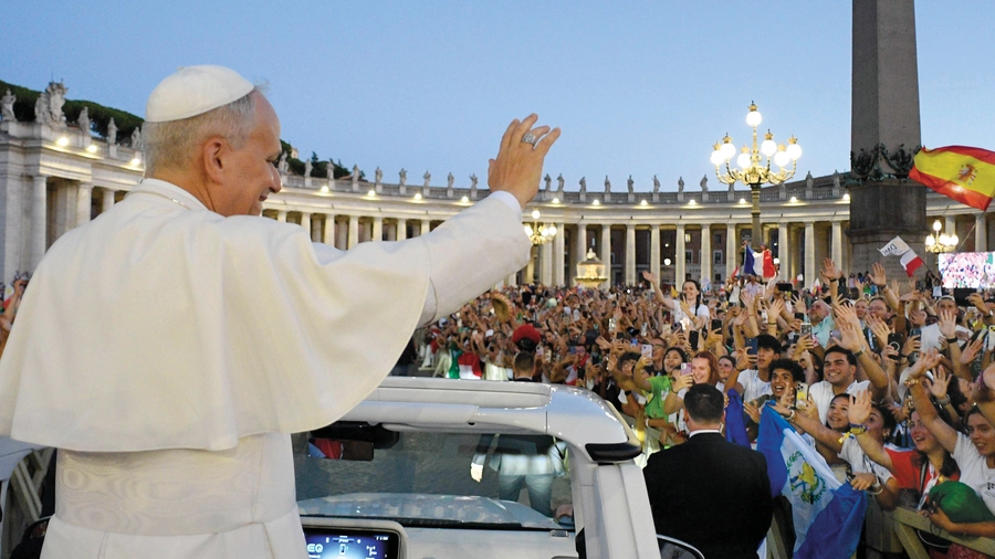 Pope Leo XIV greets young pilgrims in St. Peter’s Square after the opening Mass for the Jubilee of Youth on July 29. 