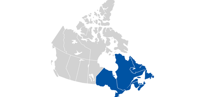 Map of Canada with the eastern provinces highlighted.