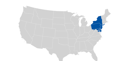 Map of the U.S. with the mid-Atlantic states highlighted.