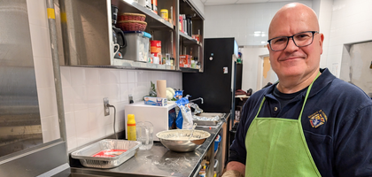Deputy Grand Knight Michael Campbell of St. Agnes Council 16817 in Halifax, Nova Scotia, cooks pancakes for Shrove Tuesday supper at Good Shepherd Parish. More than 170 parishioners attended the meal, hosted by Council 16817 before the start of Lent.
