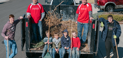 Past Grand Knight Peter Spiering (in trailer, right) and Bill Cummings (in trailer, left) of Shoshone Council 3043 in Powell, Wyo.