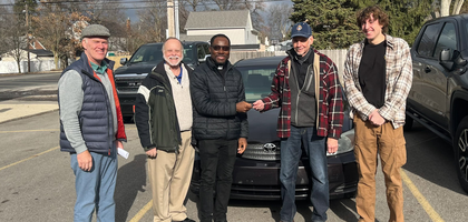 Knights from Immaculate Conception Council 14962 in Columbus, Ohio, present keys to a used car to Benedictus Adjanoh, a Diocese of Columbus seminarian and a member of Pontifical College Josephinum Council 15009. 