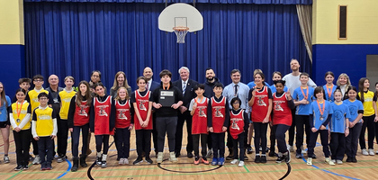 Members of Mater Ecclesiae Council 13461 in Toronto and volunteers gather with participants of the annual Free Throw Championship organized by Council 13641 at St. Demetrius Catholic School in Etobicoke. Thirty students from three local schools participated.