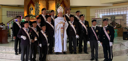Fourth Degree Knights from the Diocese of Talibon, Visayas, gather with Bishop Patrick Parcon of Talibon after a Mass at Sto. Niño Church in Bien Unido to celebrate its patronal feast day. Knights provided an honor guard for the liturgy.