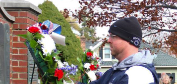 Pete Smith, a member of Marquette Council 588 in Sparta, N.J., and a U.S. Air Force veteran, places a wreath at the town’s veterans memorial during the Sparta Veterans of Foreign Wars’ Veterans Day ceremony. Several Knights participated, and Bishop Paul Bootkoski, bishop emeritus of Metuchen and state chaplain, blessed those in attendance.
