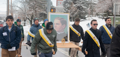 Members of Father Thomas D. Kraft, O.P. Council 14764 at the University of Utah and St. Ambrose Council 15418 in Salt Lake City lead a four-mile procession with a first-class relic of Blessed Michael McGivney to St. Ambrose Catholic Church. 