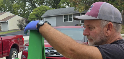 Mark Mandel (left) and Roger Patton of Father Sheldon Kelly Council 11224 in West Jefferson, Ohio, paint hand-built wooden Christmas trees for a council fundraiser. The Knights sold more than 100 trees and raised more than $5,000 to support repairs at Sts. Simon and Jude Catholic Church’s cemetery, including landscaping, new signage and fencing.