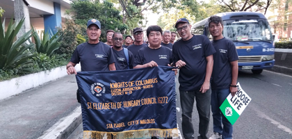 Grand Knight Celestino Vistan (left) and other members of St. Elizabeth of Hungary Council 16272 in Malolos City, Luzon North, join the jurisdiction’s Walk for Life in Quezon City. The theme of this year’s demonstration was “Every Life, Why We March.”
