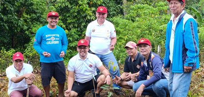 Knights from Calinan Council 7470 in Davao City, Mindanao, gather around a tree they planted during the council’s tree-planting event. About 15 Knights and volunteers planted approximately 50 trees over four hours.