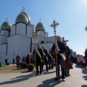 Knights prepare to lead a procession outside the Church of the Nativity of the Mother of God in Lviv on March 17, during a ceremony to welcome a pilgrim statue of Our Lady of Fatima from Portugal. The statue will be available for veneration at the church until April 15.