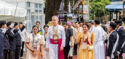 Fourth Degree Knights from St. Lodovico Pavoni Assembly 3874 in Antipolo City, Luzon South, provide a sword arch for Archbishop Charles Brown, apostolic nuncio to the Philippines, as he arrives at Nuestra Señora de la Annunciata Parish for Mass. About 20 assembly members provided an honor guard for the liturgy, which also marked a spiritual twinning of the church with the Basilica of the Annunciation in Nazareth, Israel.