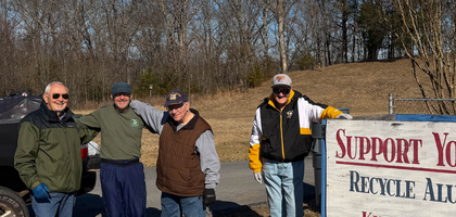 Members of Aldo J. Zazzi Council 6992 in Kingsport, Tenn., stand beside recycling bins at St. Dominic Parish after collecting donations of aluminum cans to redeem for cash. The council has organized the drive for more than 20 years, raising over $22,000 to support seminarians from the Diocese of Knoxville through RSVP.