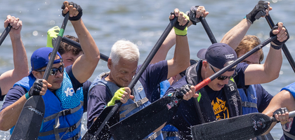 Knights and other members of the dragon boat team sponsored by Michael O’Connor Council 5026 in Beaufort, S.C., paddle during the annual DragonBoat Beaufort race — a community event that raises money for cancer patients in Beaufort County. Council 5026’s squad raised the second-highest amount of any team, totaling more than $11,600 of the $94,500 raised. (Photo by Sam Wolfe)