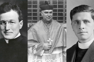 A portrait of Maryknoll Father (later Bishop) Patrick Byrne is shown beside those of Columban missionaries Msgr. Patrick Brennan and Father James Maginn. 