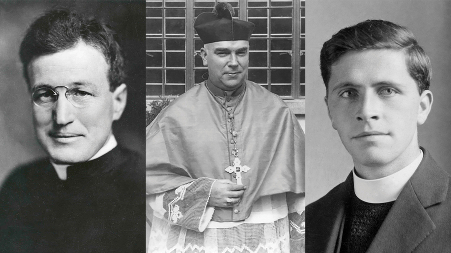 A portrait of Maryknoll Father (later Bishop) Patrick Byrne is shown beside those of Columban missionaries Msgr. Patrick Brennan and Father James Maginn. 