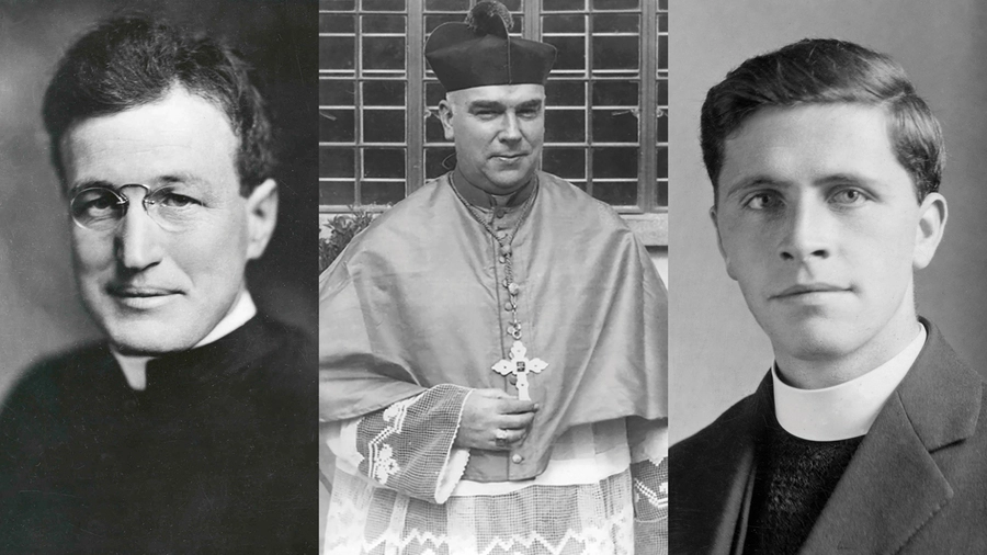 A portrait of Maryknoll Father (later Bishop) Patrick Byrne is shown beside those of Columban missionaries Msgr. Patrick Brennan and Father James Maginn. 