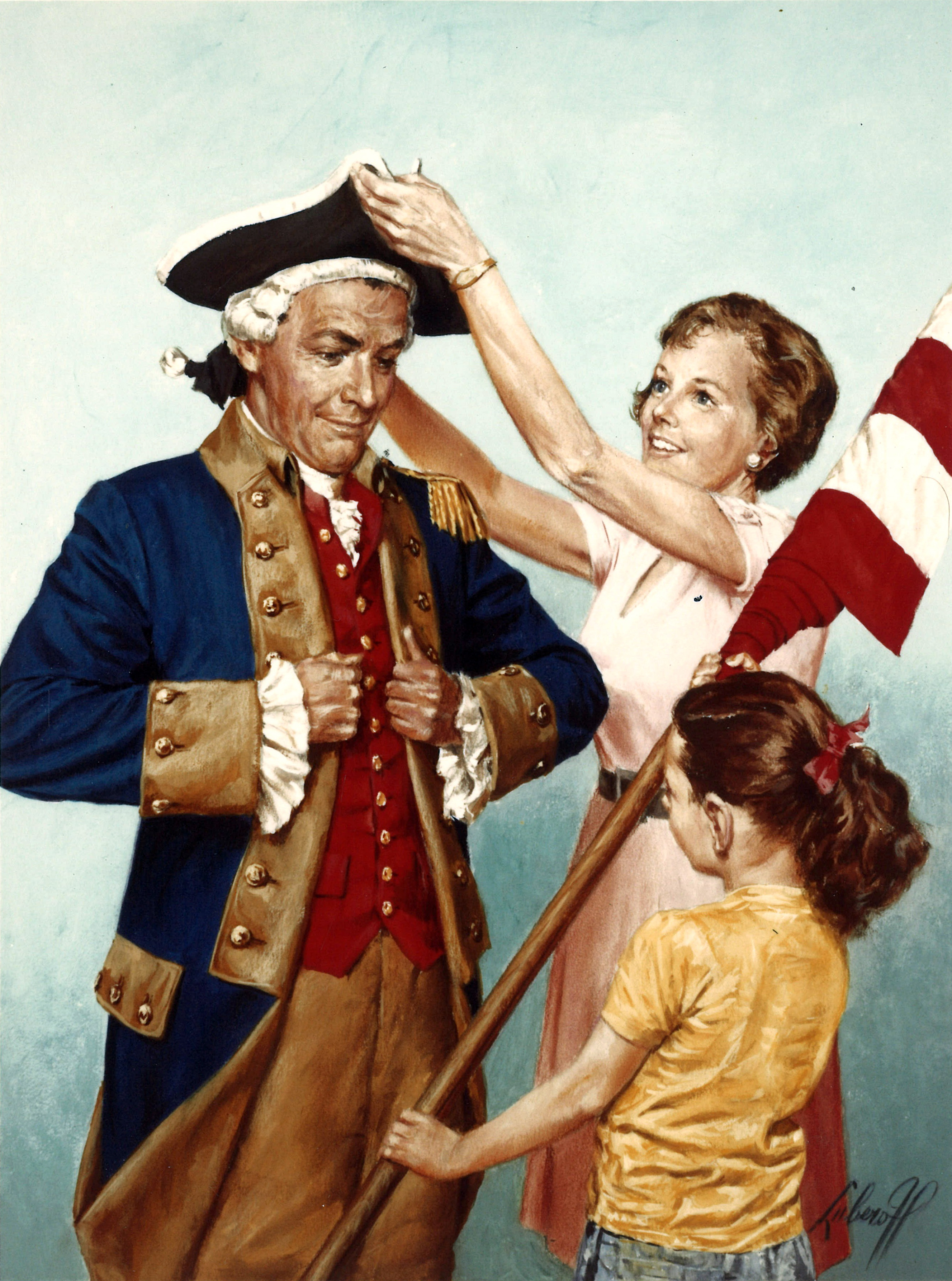 Illustration by William Luberoff of a man adjusting his colonial style military uniform jacket, with his wife placing a tricorn hat on his head. In the foreground stands a young girl handing a furled American flag to the man. 