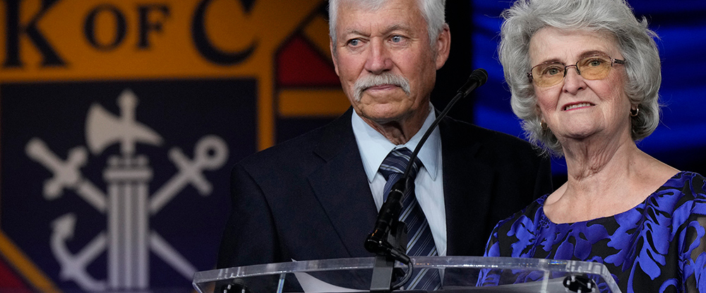 Ken and Mary Ann Duppong of Glen Ullin, North Dakota, parents of Servant of God Michelle Duppong, speak during the Supreme Knight’s Awards Session after receiving the 2025 International Family of the Year award on Aug. 4 — the couple’s 52nd wedding anniversary.