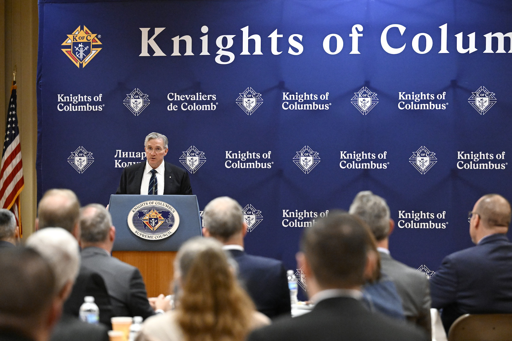 Supreme Knight Patrick Kelly delivers the keynote address during the McGivney Fellowship graduation at St. Mary&rsquo;s Church in New Haven, Conn.