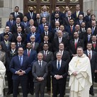 The inaugural graduating class of the McGivney Fellowship stands outside St. Mary’s Church in New Haven, Conn.
