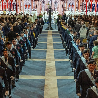An honor guard of Fourth Degree Knights from the Champlain Province processes out of the Memorial Mass of the 142nd Supreme Convention on Aug. 8 in Québec City.