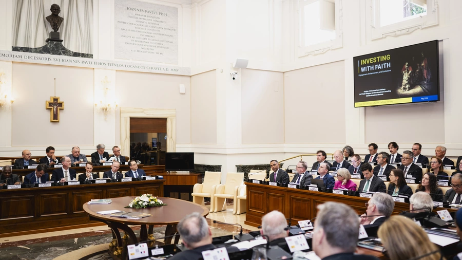 Deepak Devaraj speaks during the Conference on Mensuram Bonam at the Vatican.