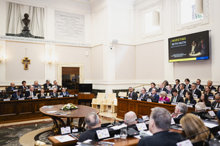 Deepak Devaraj speaks during the Conference on Mensuram Bonam at the Vatican.