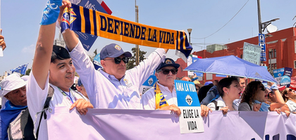 Knights and their families from across Mexico participate in the National March for Life in Mexico City. More than 2,000 people walked over a mile from the Monument to the Revolution to the capital city’s congress building, protesting pro-abortion legislation and holding a moment of silence for children lost to abortion.