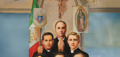 Portrait of the mexican martyrs with Crucifix on the right.