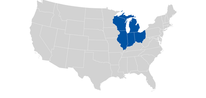 Map of the U.S. with the mid western states highlighted.