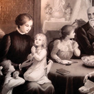An artwork depicts family devotions.