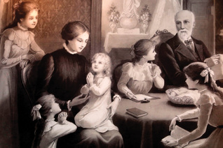 An artwork depicts family devotions.